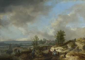 Eine Dünenlandschaft mit einem Fluss und vielen Figuren
